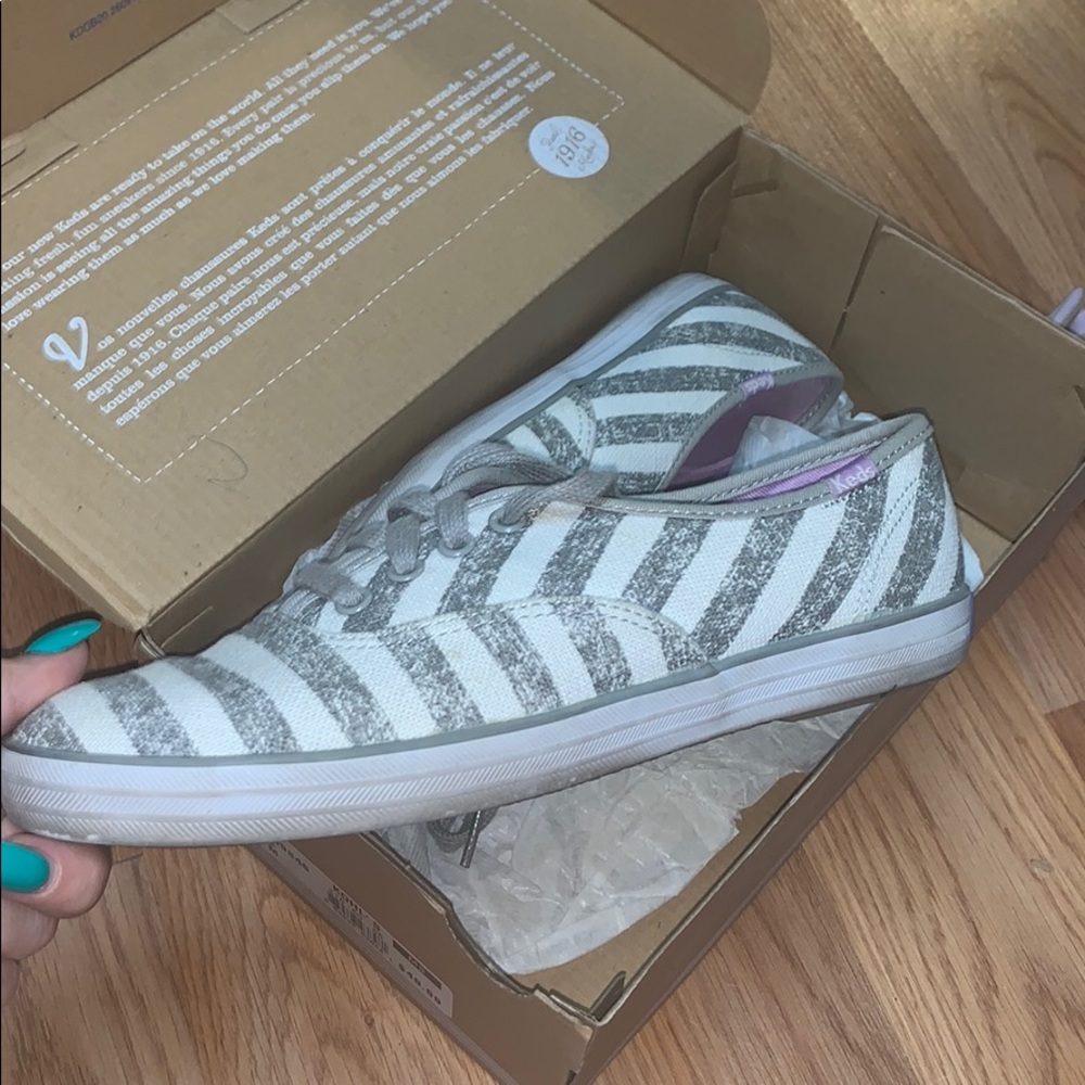 Gray and white striped Keds